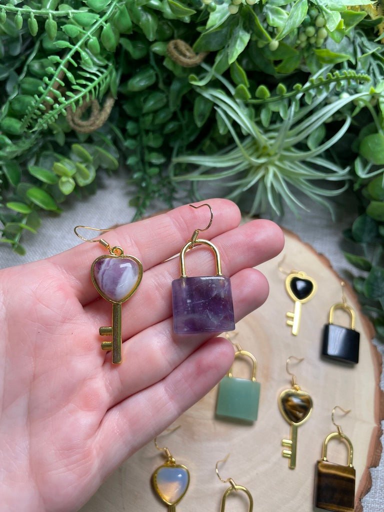 Crystal Lock and Key Earrings detail view by Copper Ashes