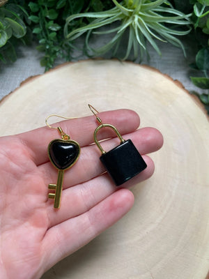 Crystal Lock and Key Earrings detail view by Copper Ashes