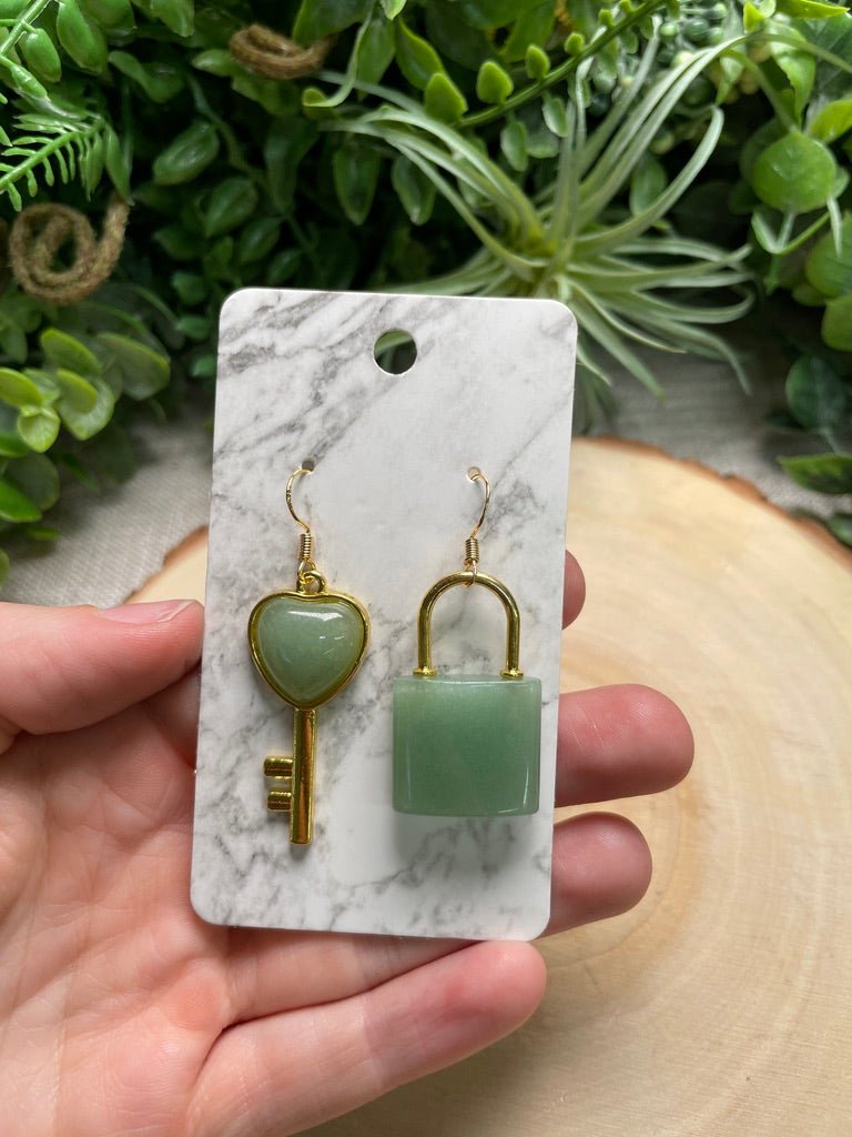 Crystal Lock and Key Earrings detail view by Copper Ashes