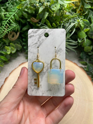 Crystal Lock and Key Earrings detail view by Copper Ashes