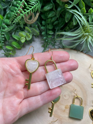 Crystal Lock and Key Earrings detail view by Copper Ashes