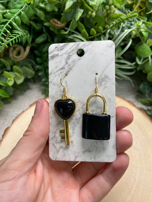 Crystal Lock and Key Earrings detail view by Copper Ashes