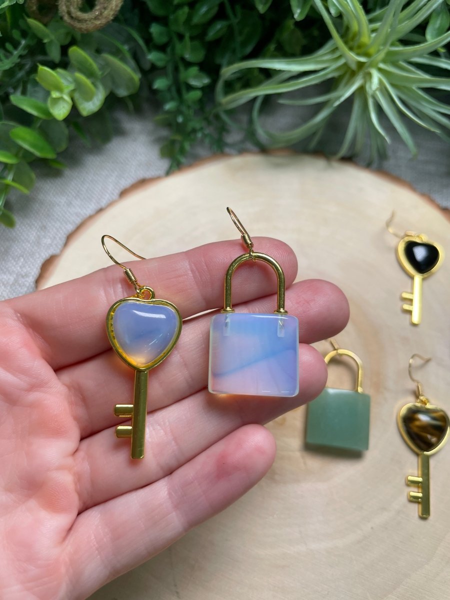 Crystal Lock and Key Earrings detail view by Copper Ashes