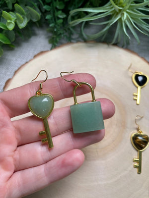 Crystal Lock and Key Earrings detail view by Copper Ashes