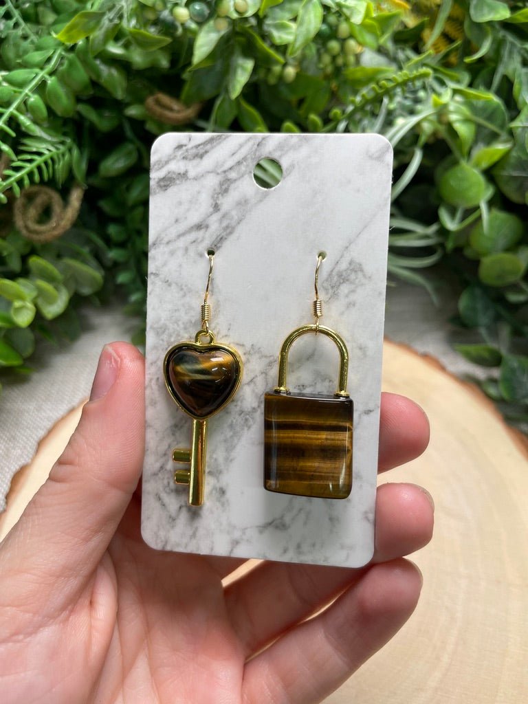 Crystal Lock and Key Earrings detail view by Copper Ashes