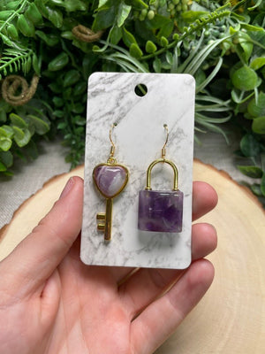 Crystal Lock and Key Earrings detail view by Copper Ashes