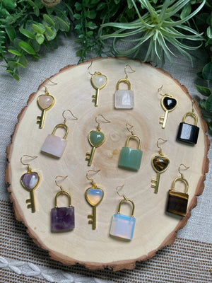 Crystal Lock and Key Earrings detail view by Copper Ashes