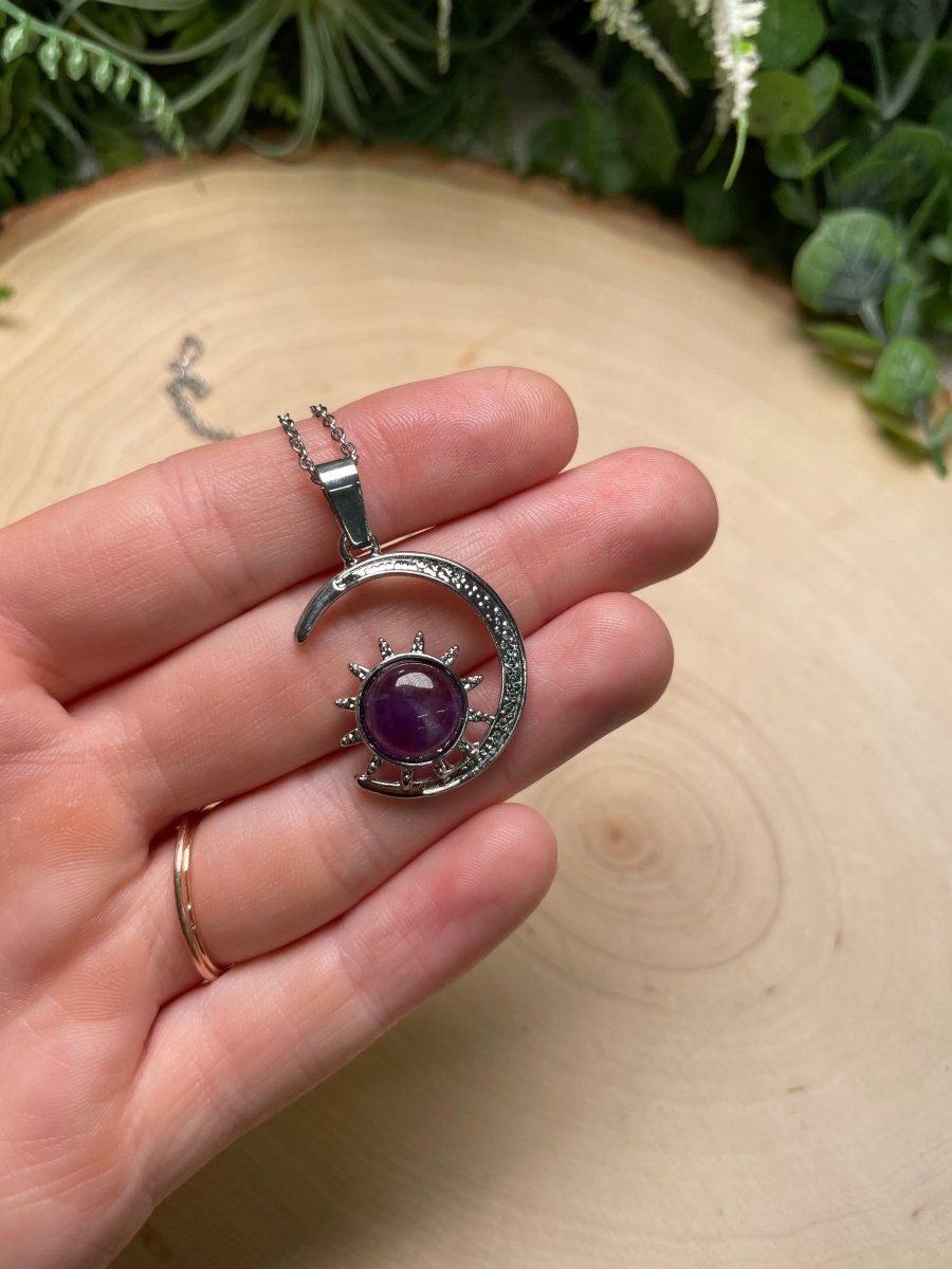 Crystal Moon and Sun Necklace detail view by Copper Ashes