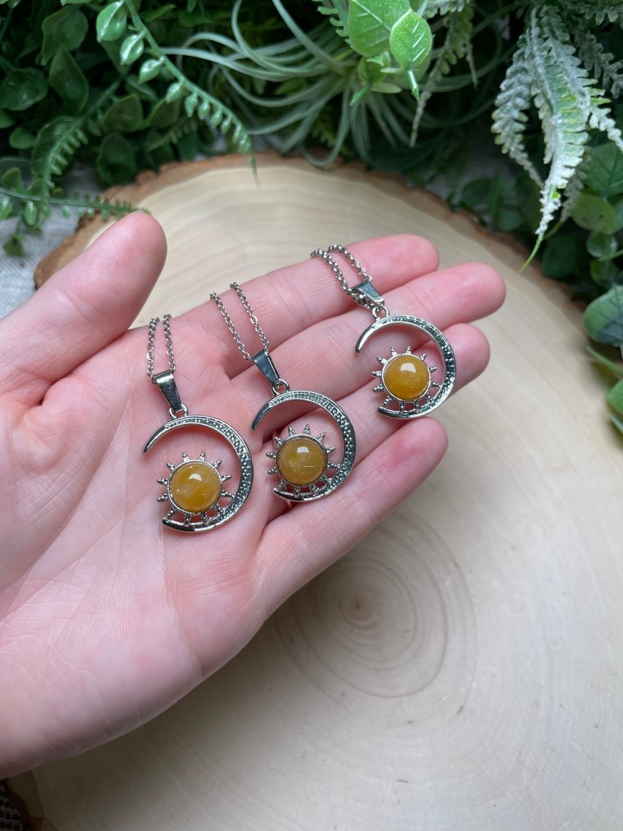 Crystal Moon and Sun Necklace detail view by Copper Ashes