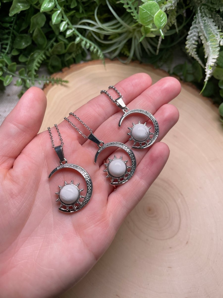 Crystal Moon and Sun Necklace detail view by Copper Ashes