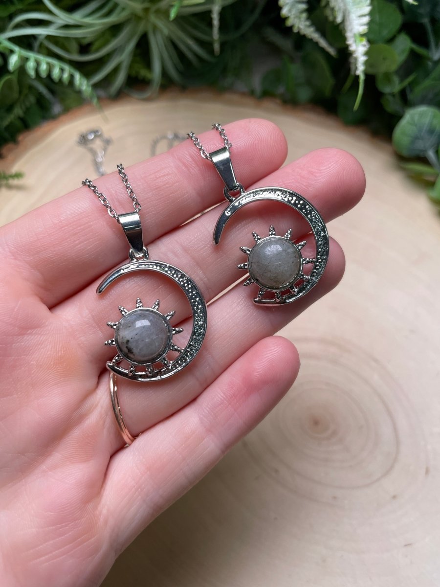 Crystal Moon and Sun Necklace detail view by Copper Ashes