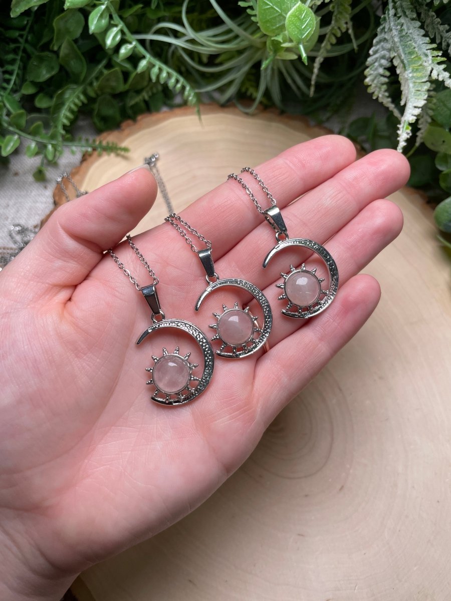Crystal Moon and Sun Necklace detail view by Copper Ashes