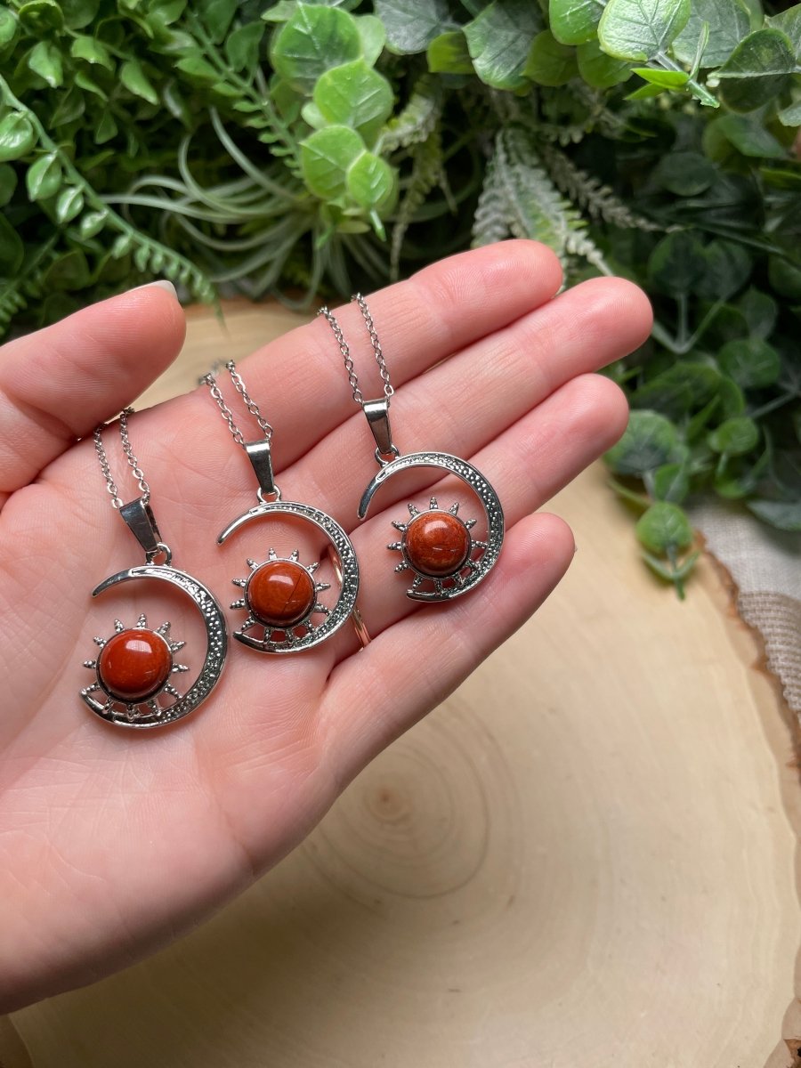 Crystal Moon and Sun Necklace detail view by Copper Ashes