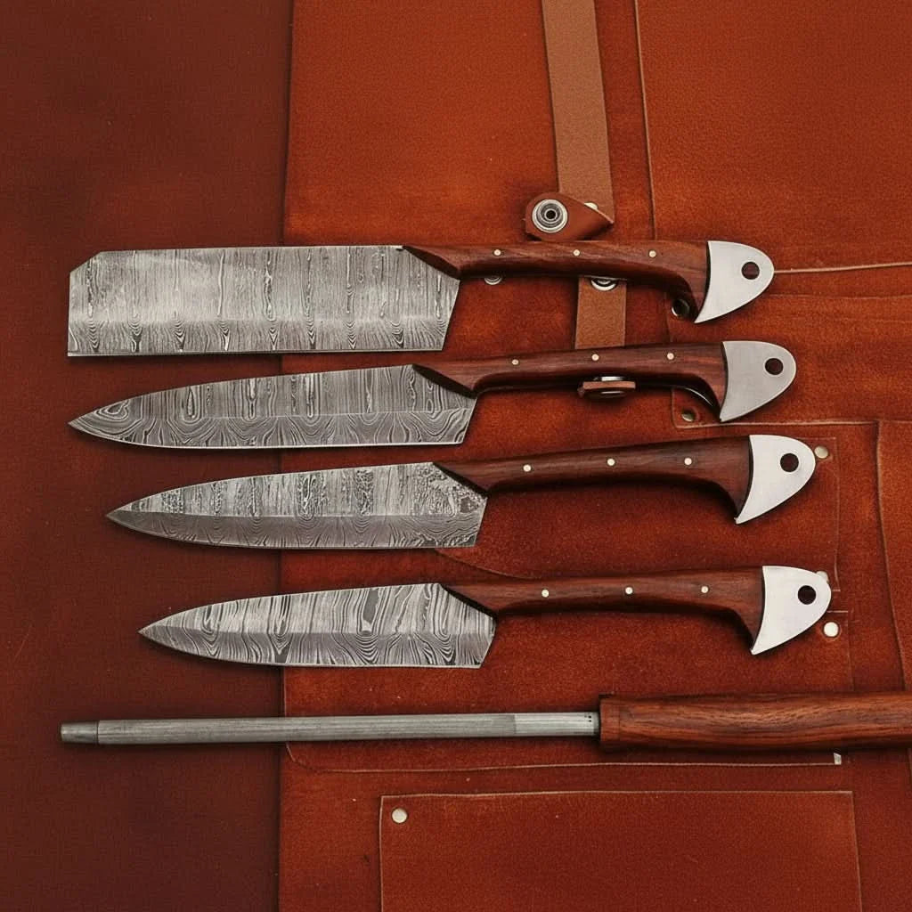 4-Piece Handmade Damascus Kitchen Knife Set – Rosewood Handles, Steel Bolsters & Brass Pins | Chef, Santoku, Cleaver & Utility | Leather Roll & Honing by JW SteelCrafts, Damascus
