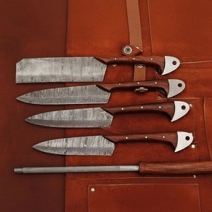 4-Piece Handmade Damascus Kitchen Knife Set – Rosewood Handles, Steel Bolsters & Brass Pins | Chef, Santoku, Cleaver & Utility | Leather Roll & Honing by JW SteelCrafts, Damascus