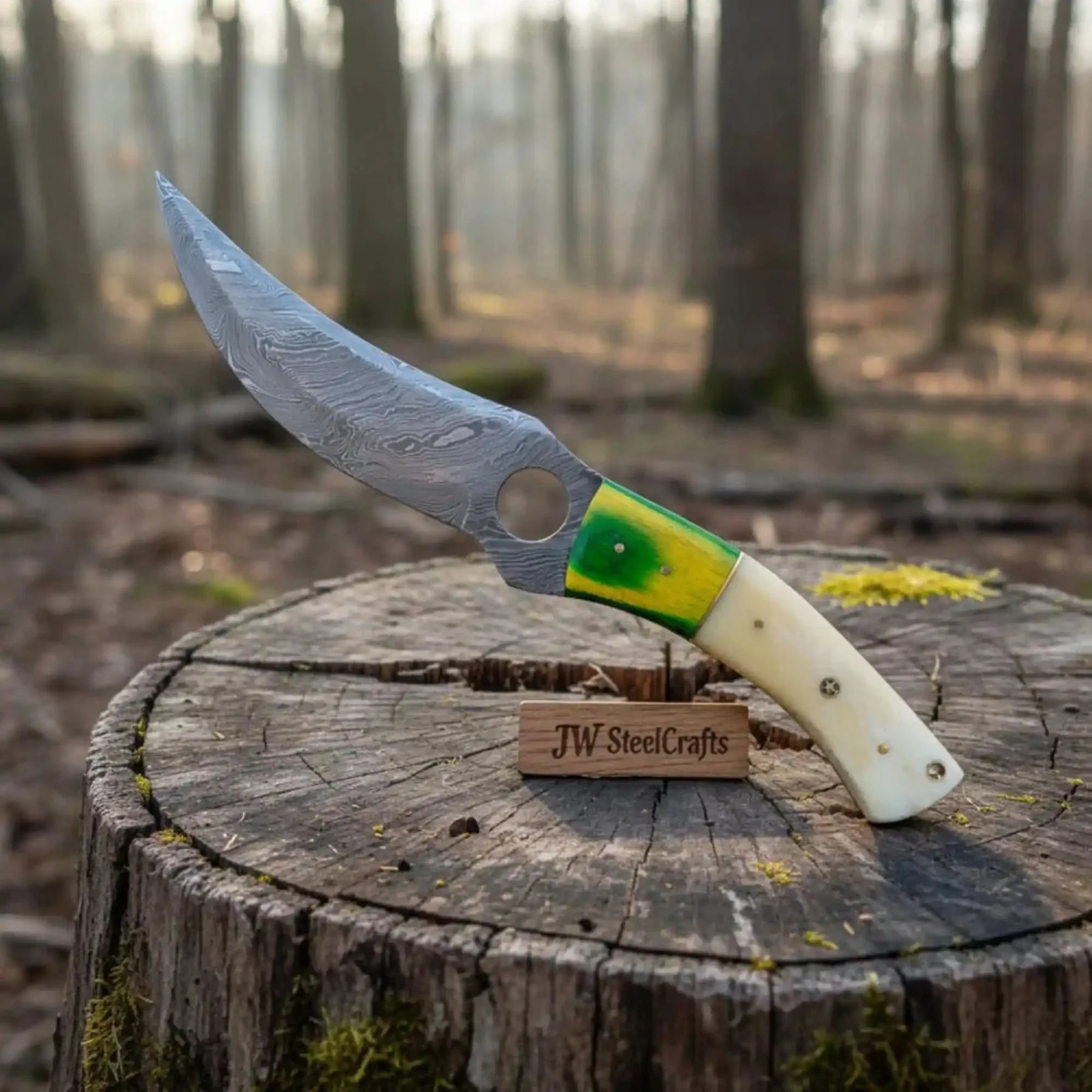 Damascus Hunting Knife 8.5” Fixed Blade by JW SteelCrafts, Damascus knife main product photo
