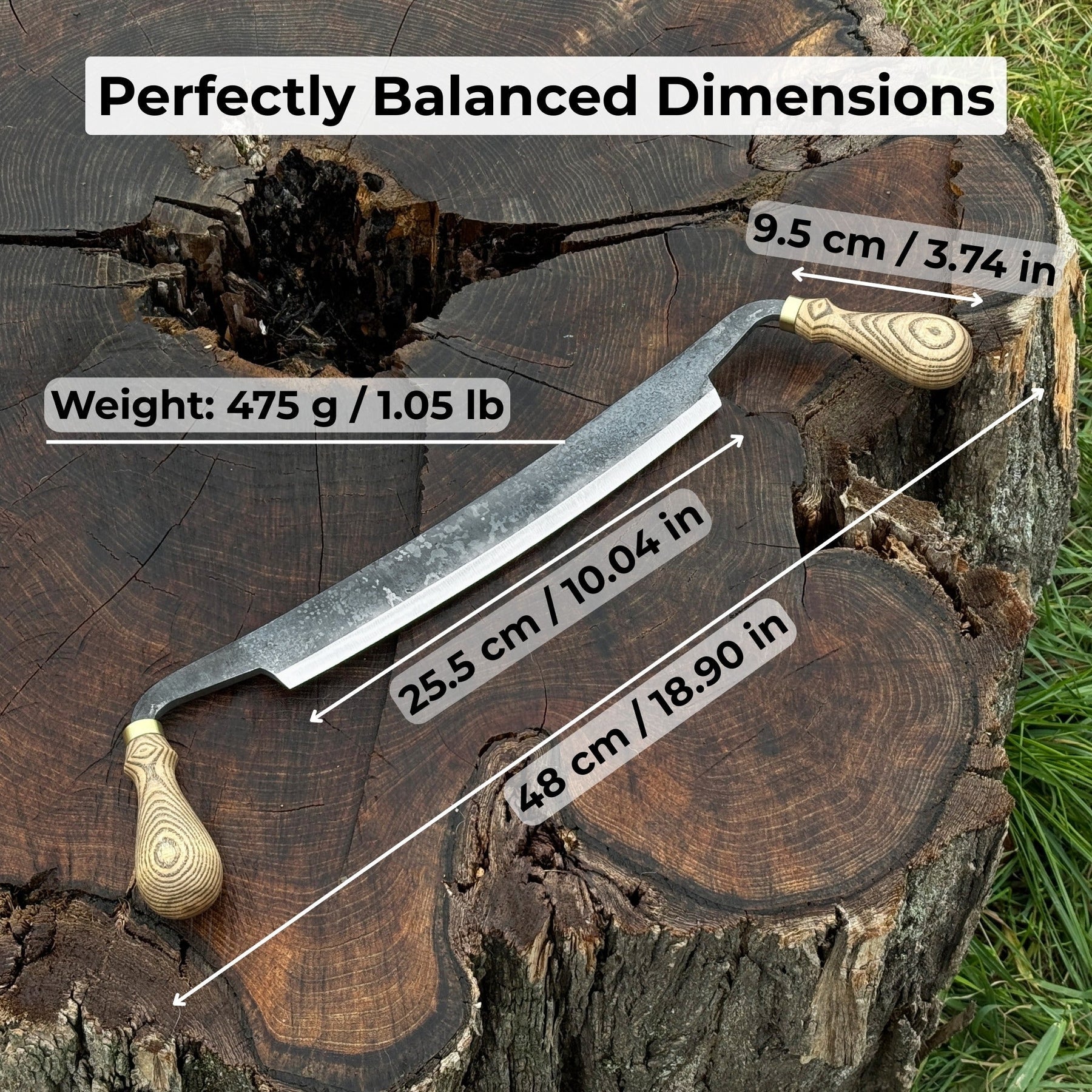 Curved Draw Knife (Push/Pull Shave), 25.5 cm (10 inch) Cutting Edge detail view by Sharky Forged Steel Tools