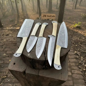 High Carbon Steel Butcher Knife Set – Cleaver, Chef, Slicer, Boning & Utility Knives, Hand Engraved Blades, Bone Handles