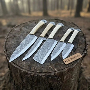 High Carbon Steel Butcher Knife Set – Cleaver, Chef, Slicer, Boning & Utility Knives, Hand Engraved Blades, Bone Handles