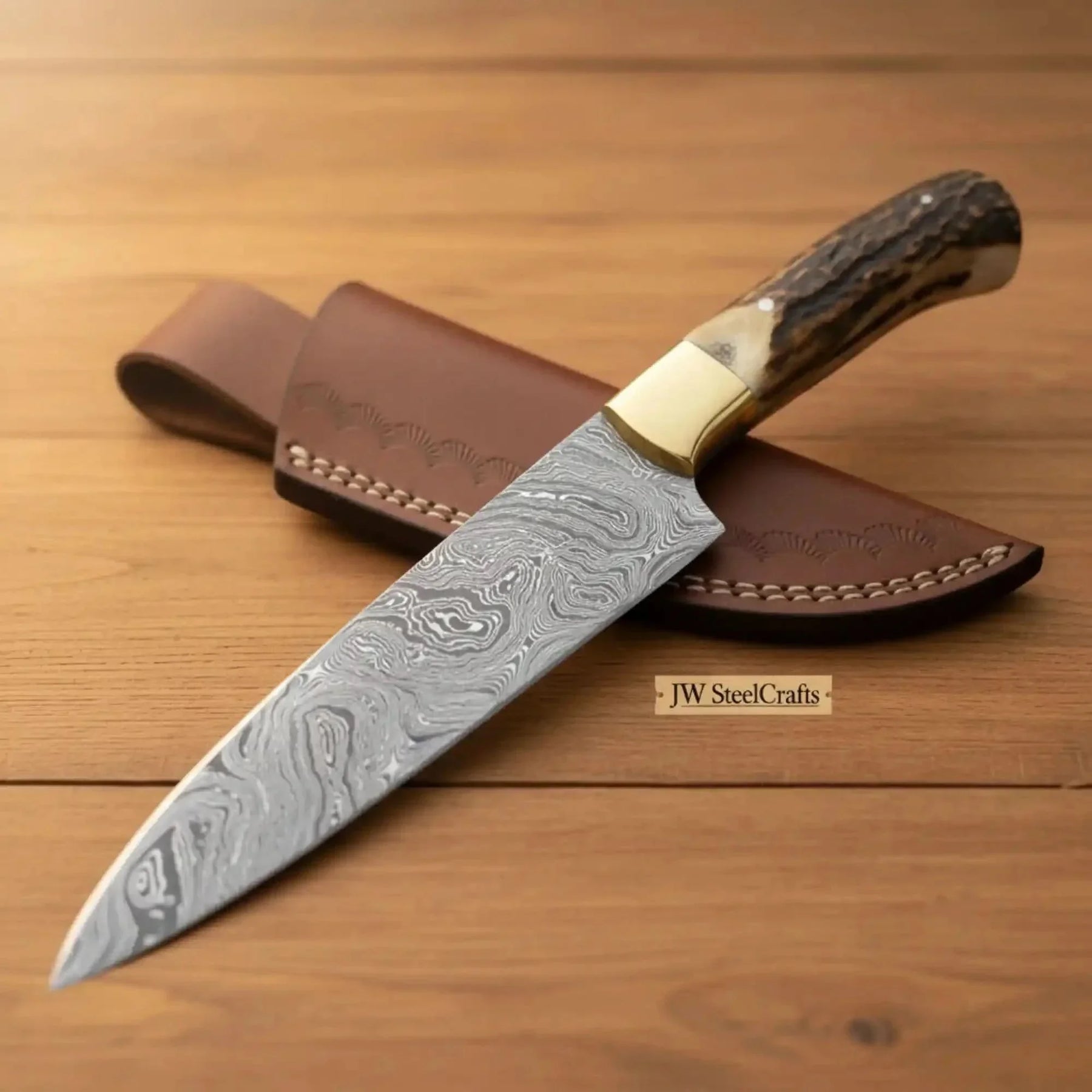 Custom Damascus Clip Point Hunting Knife Stag Handle Fixed Blade Outdoor Utility with Sheath by JW SteelCrafts