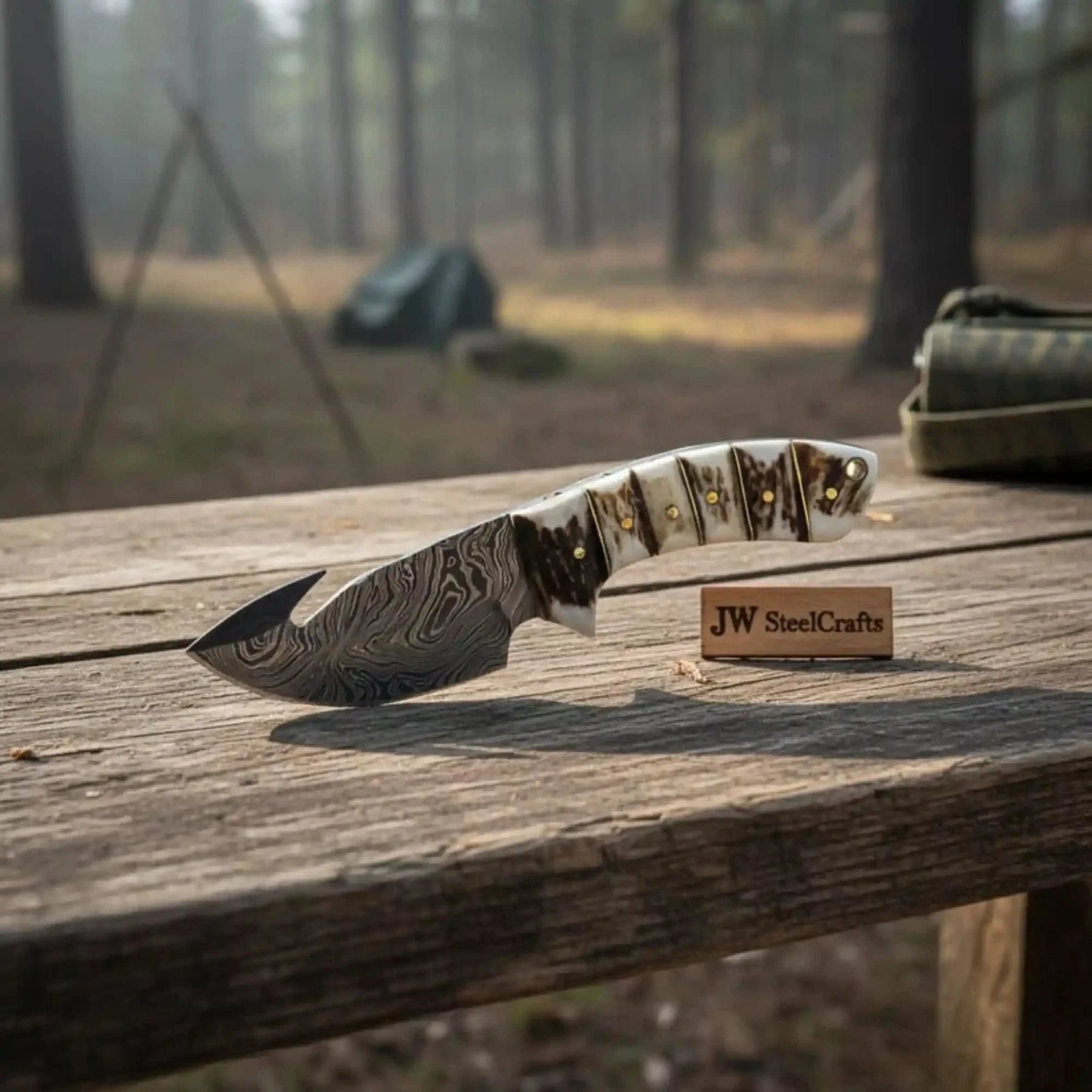Damascus Steel Skinner Knife w/ Stag Handle and Gut Hook /Hunting Fixed Blade Knife by JW SteelCrafts, Damascus knife main product photo