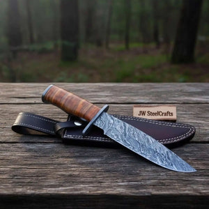 Custom Damascus Utility Bowie Knife Handmade by JW SteelCrafts, Damascus knife main product photo