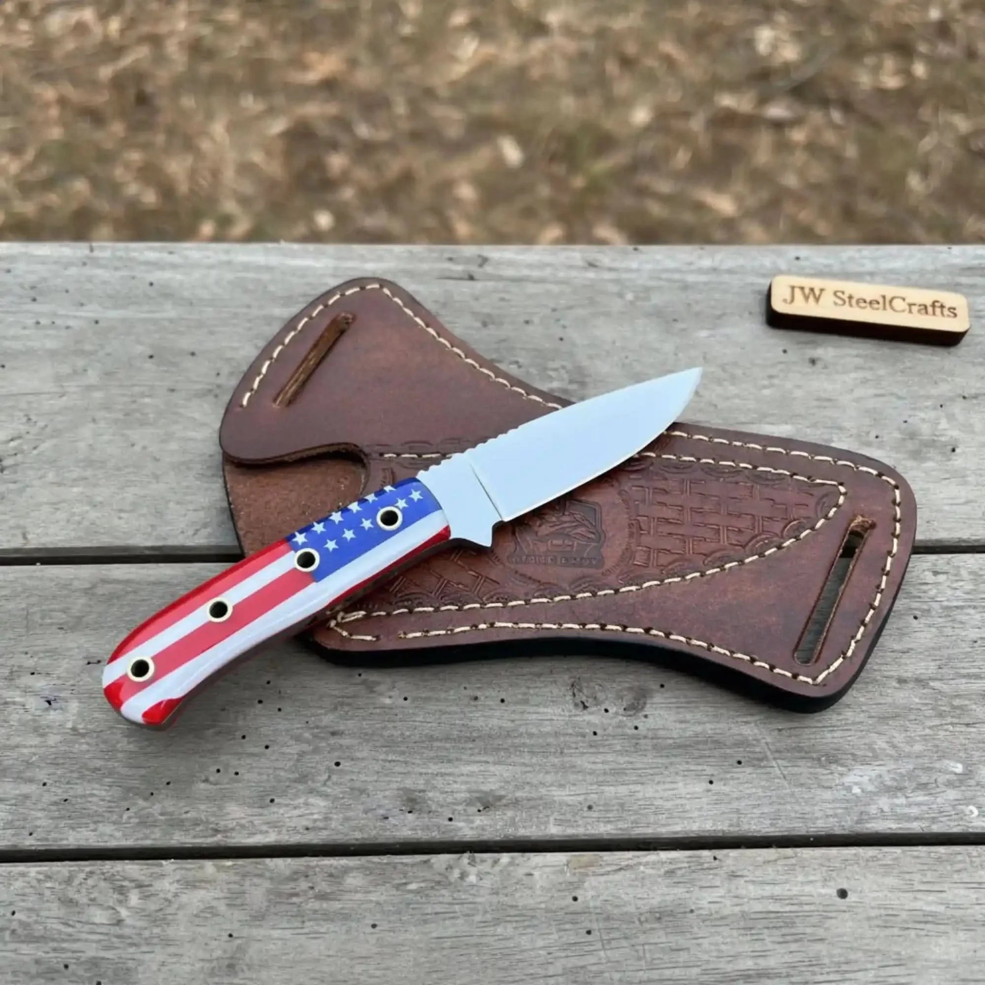 Custom Fixed Blade Knife – Drop Point Outdoor EDC with USA Flag Handle and Leather Sheath by JW SteelCrafts, leather knife sheath detail photo 2