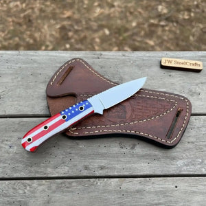 Custom Fixed Blade Knife – Drop Point Outdoor EDC with USA Flag Handle and Leather Sheath by JW SteelCrafts, leather knife sheath detail photo 2