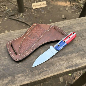 Custom Fixed Blade Knife – Drop Point Outdoor EDC with USA Flag Handle and Leather Sheath by JW SteelCrafts, leather knife sheath detail photo 3