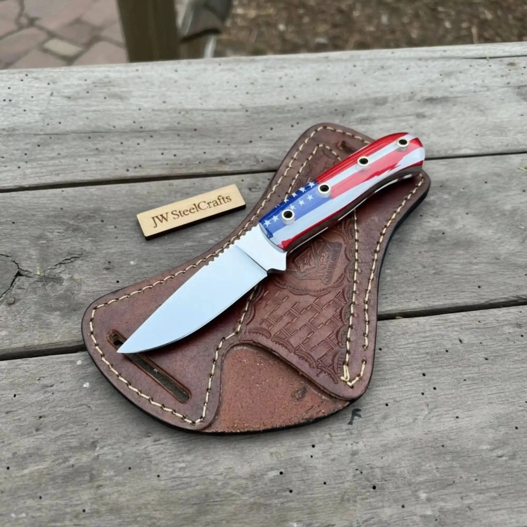 Custom Fixed Blade Knife – Drop Point Outdoor EDC with USA Flag Handle and Leather Sheath by JW SteelCrafts, leather knife sheath main product photo