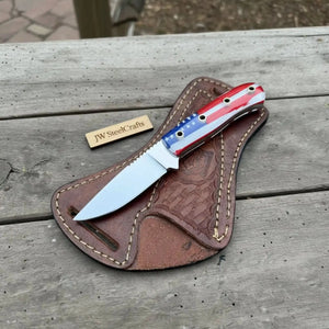 Custom Fixed Blade Knife – Drop Point Outdoor EDC with USA Flag Handle and Leather Sheath by JW SteelCrafts, leather knife sheath main product photo