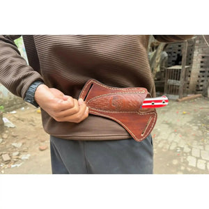 Custom Fixed Blade Knife – Drop Point Outdoor EDC with USA Flag Handle and Leather Sheath by JW SteelCrafts, leather knife sheath detail photo 5