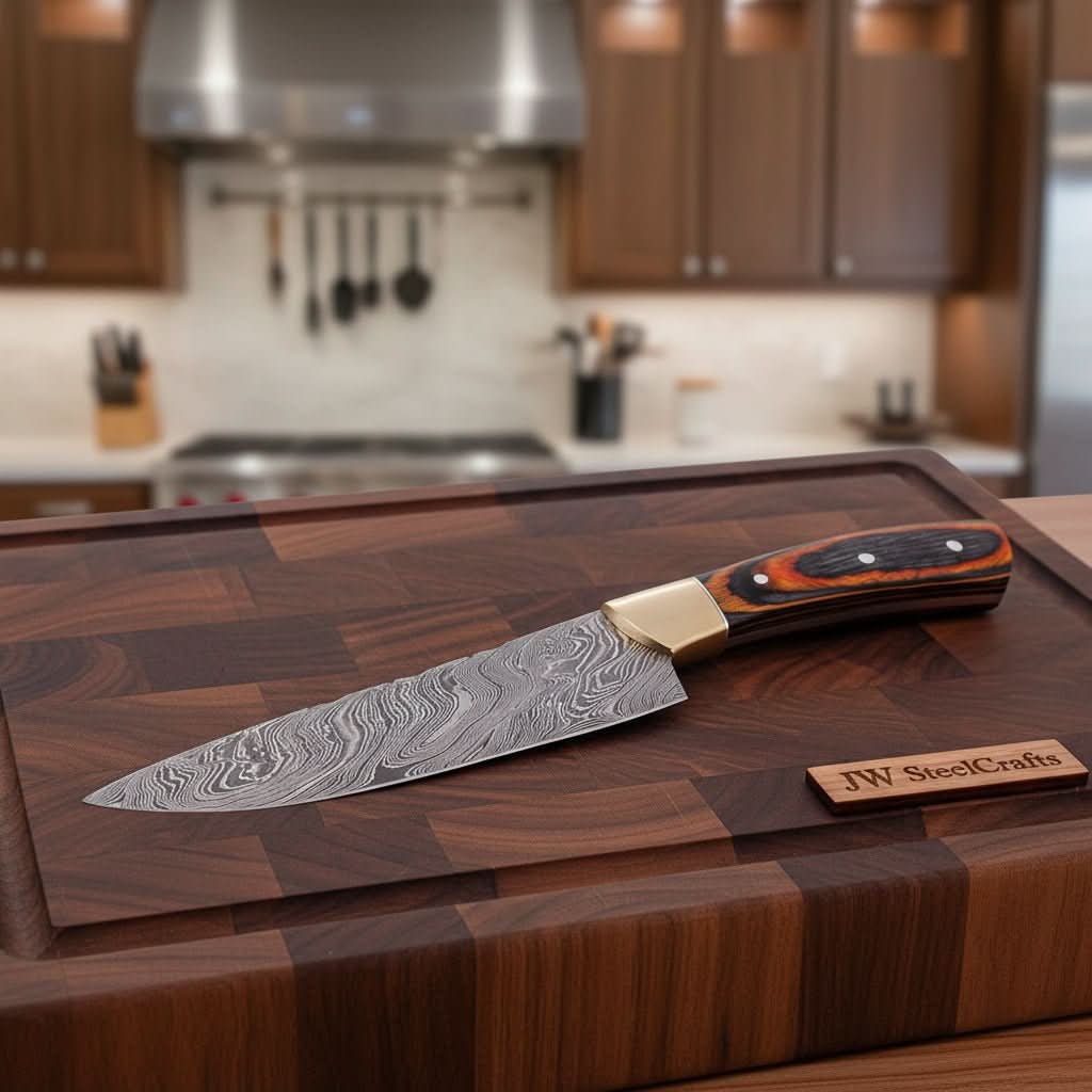 Custom Hand Forged Damascus Steel Chef Knife Wood And Brass Handle by JW SteelCrafts, Damascus knife detail photo 3
