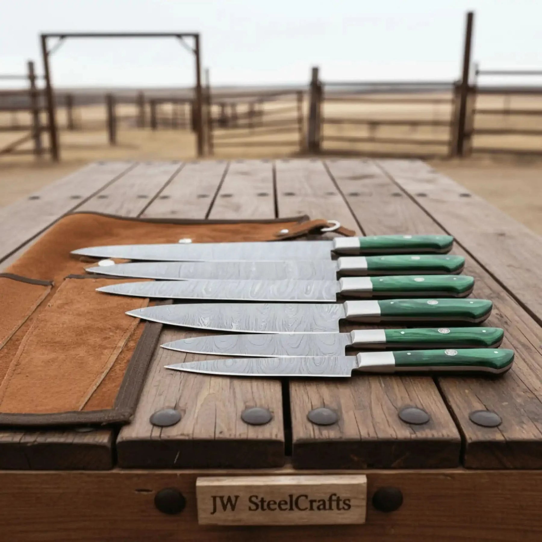 6-Piece Handmade Damascus Steel Kitchen Knife Set, Green Wood Handle, Professional Chef Culinary by JW SteelCrafts, Damascus knife detail photo 3