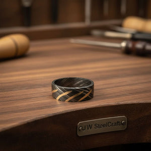 Mens Damascus Steel Wedding Band with Diagonal Brass Inlay Design by JW SteelCrafts, Southern home decor detail photo 3