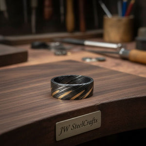 Mens Damascus Steel Wedding Band with Diagonal Brass Inlay Design by JW SteelCrafts, Southern home decor detail photo 2