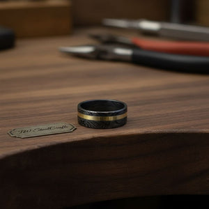Mens Damascus Steel Wedding Band With Brass Inlay Handmade Ring by JW SteelCrafts, handmade jewelry detail photo 2