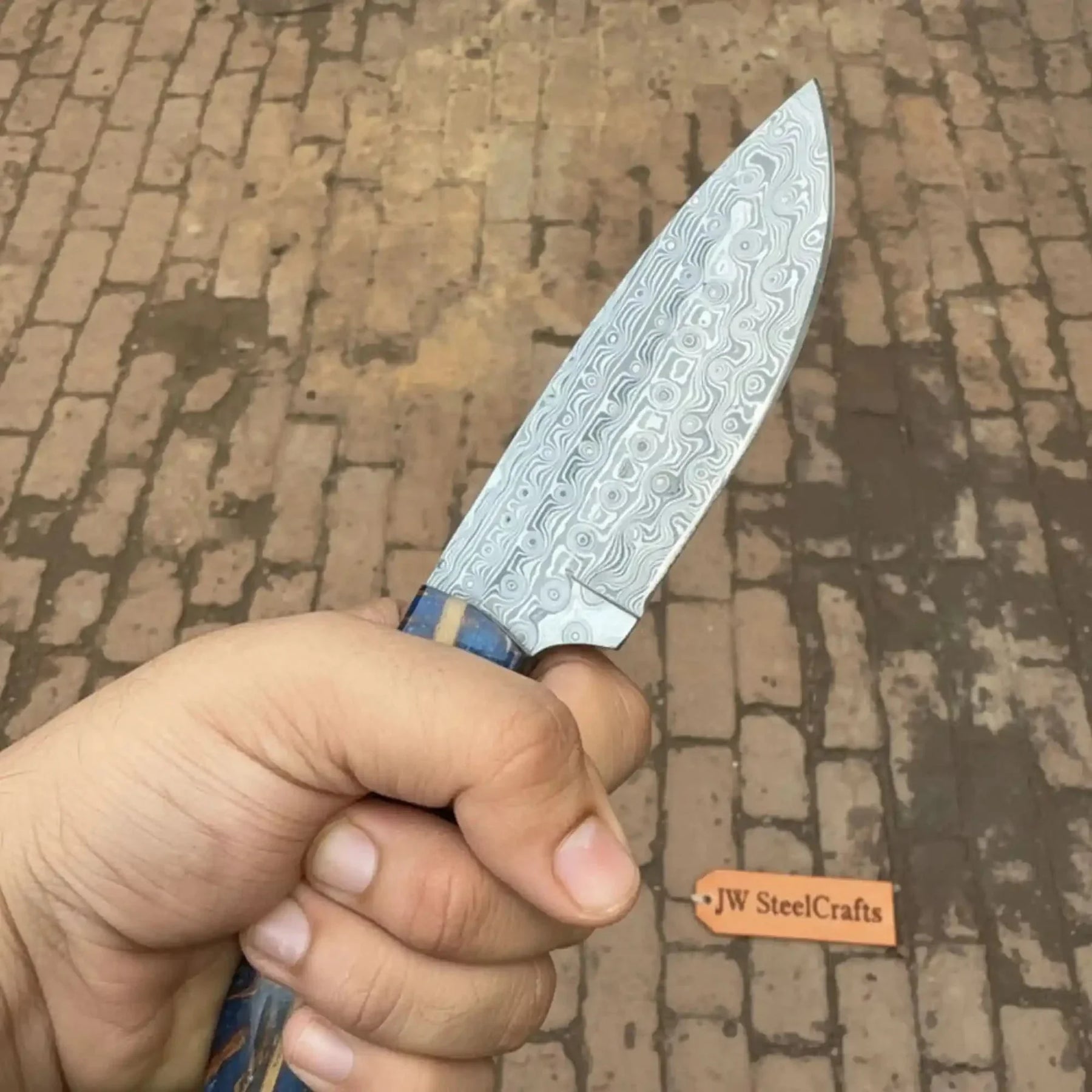 Drop Point Damascus Knife 7” EDC – Persian Utility Style, Blue Pinecone Resin Handle Handmade detail view by JW SteelCrafts