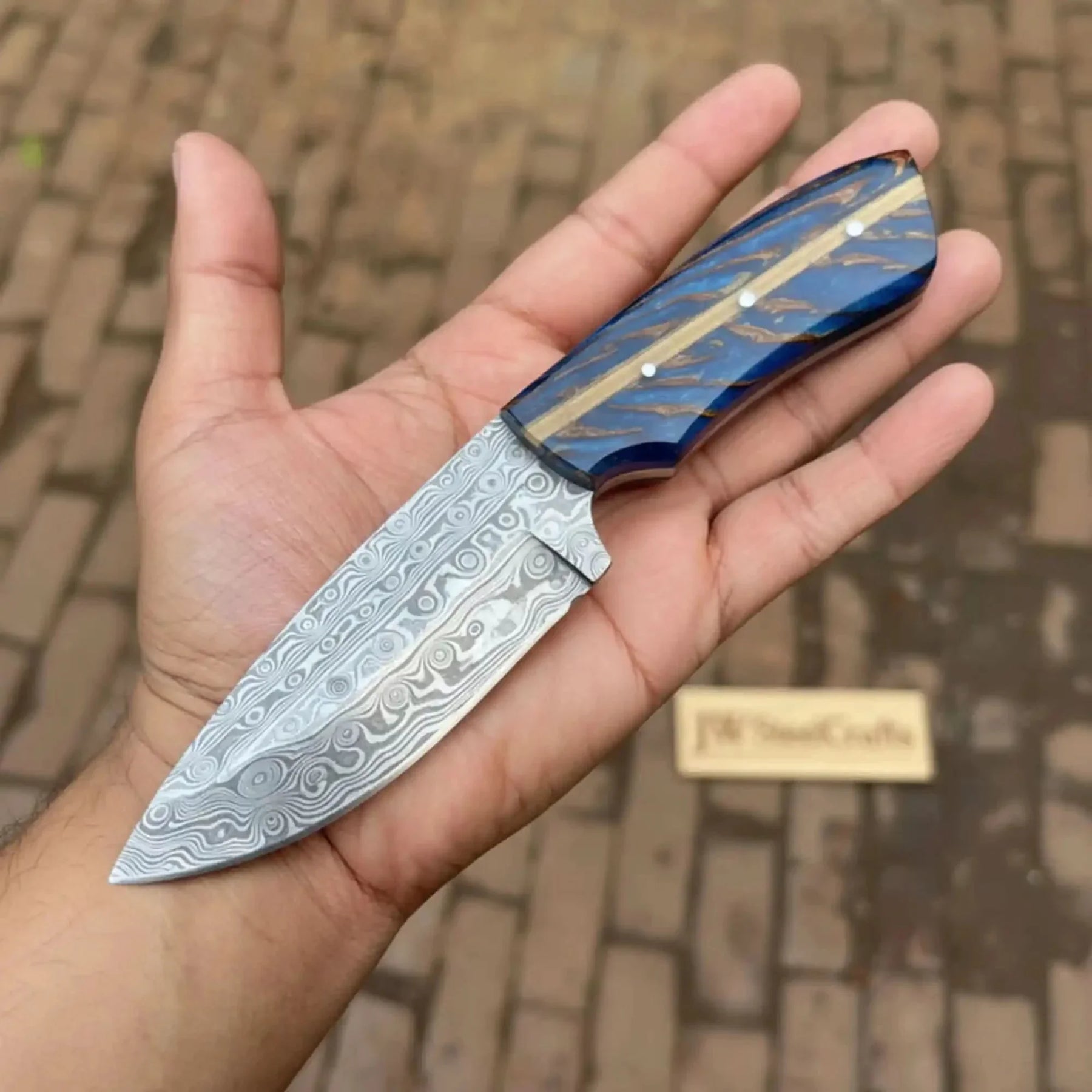 Drop Point Damascus Knife 7” EDC – Persian Utility Style, Blue Pinecone Resin Handle Handmade by JW SteelCrafts