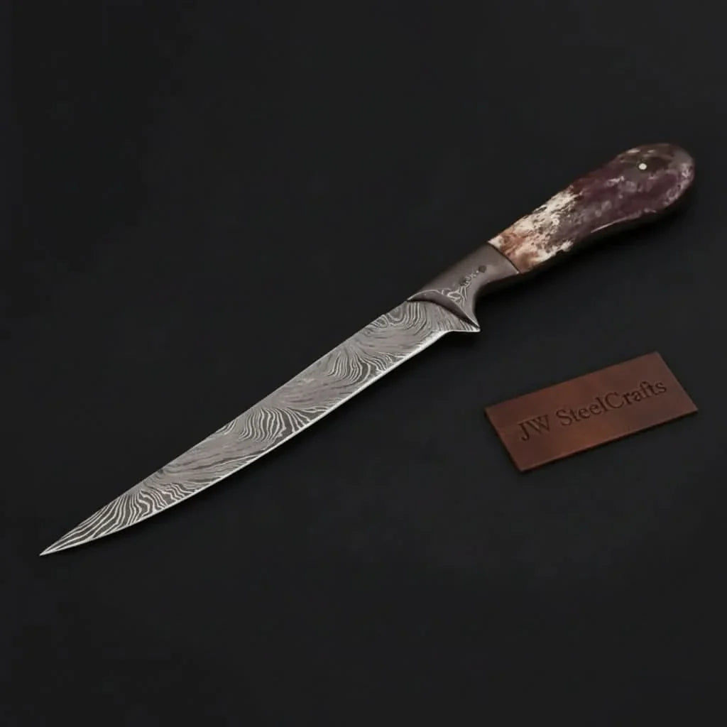 Custom Handmade Damascus Steel Boning Knife With Colour Bone Handle with Leather Sheath by JW SteelCrafts, leather knife sheath detail photo 3