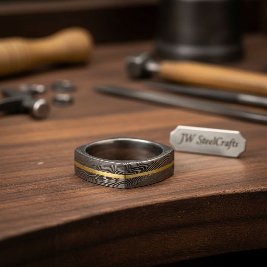 Damascus Steel Wedding Ring Faceted Band with Brass Inlay by JW SteelCrafts, handmade jewelry main product photo