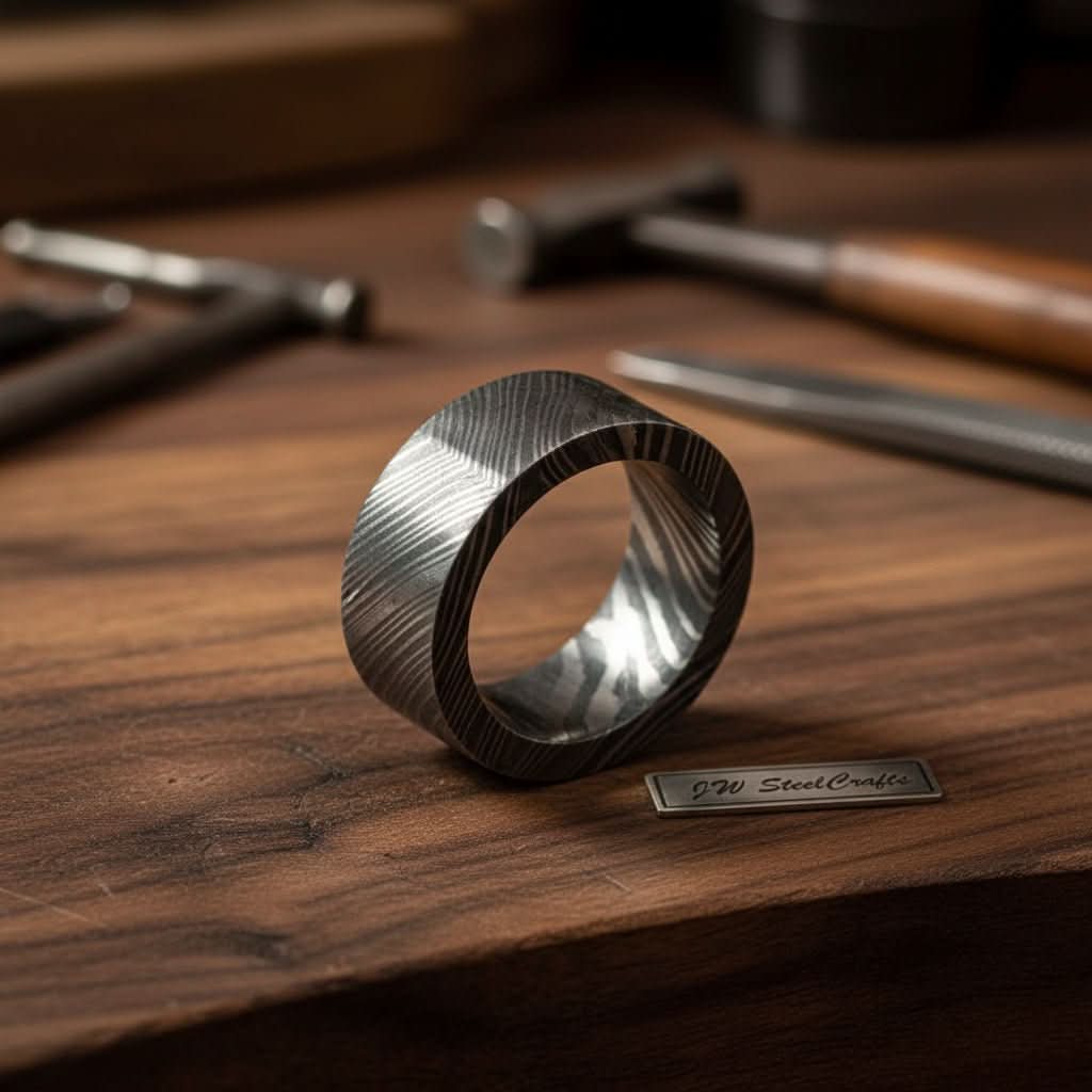 Mens Wide Damascus Steel Wedding Band Thick Handmade Pattern Ring by JW SteelCrafts, handmade jewelry detail photo 2