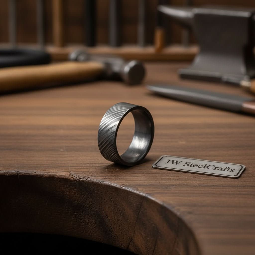 Mens Wide Damascus Steel Wedding Band Thick Handmade Pattern Ring by JW SteelCrafts, handmade jewelry main product photo
