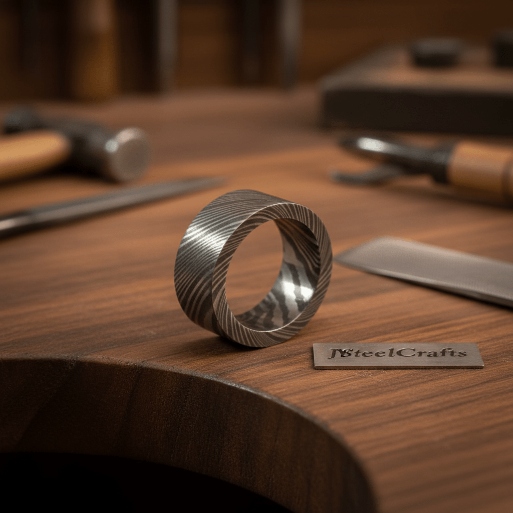 Mens Wide Damascus Steel Wedding Band Thick Handmade Pattern Ring by JW SteelCrafts, handmade jewelry detail photo 3