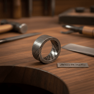 Mens Wide Damascus Steel Wedding Band Thick Handmade Pattern Ring by JW SteelCrafts, handmade jewelry detail photo 3