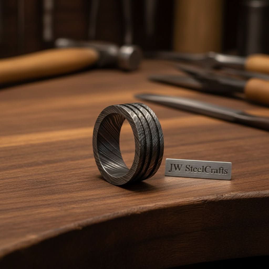 Mens Damascus Steel Wedding Band Wide Triple Groove Pattern Ring by JW SteelCrafts, handmade jewelry detail photo 3