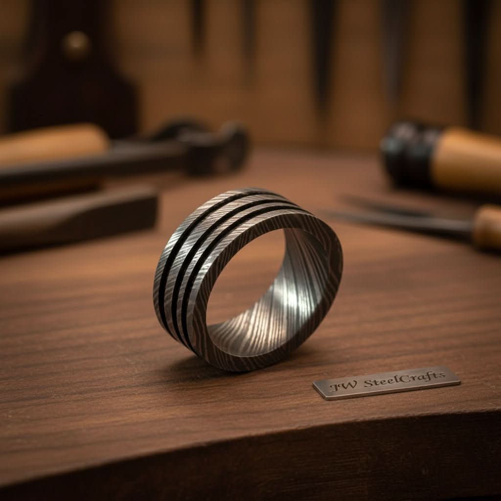 Mens Damascus Steel Wedding Band Wide Triple Groove Pattern Ring by JW SteelCrafts, handmade jewelry detail photo 2