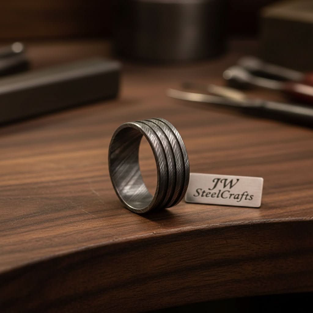 Mens Damascus Steel Wedding Band Wide Triple Groove Pattern Ring by JW SteelCrafts, handmade jewelry main product photo
