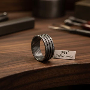 Mens Damascus Steel Wedding Band Wide Triple Groove Pattern Ring by JW SteelCrafts, handmade jewelry main product photo