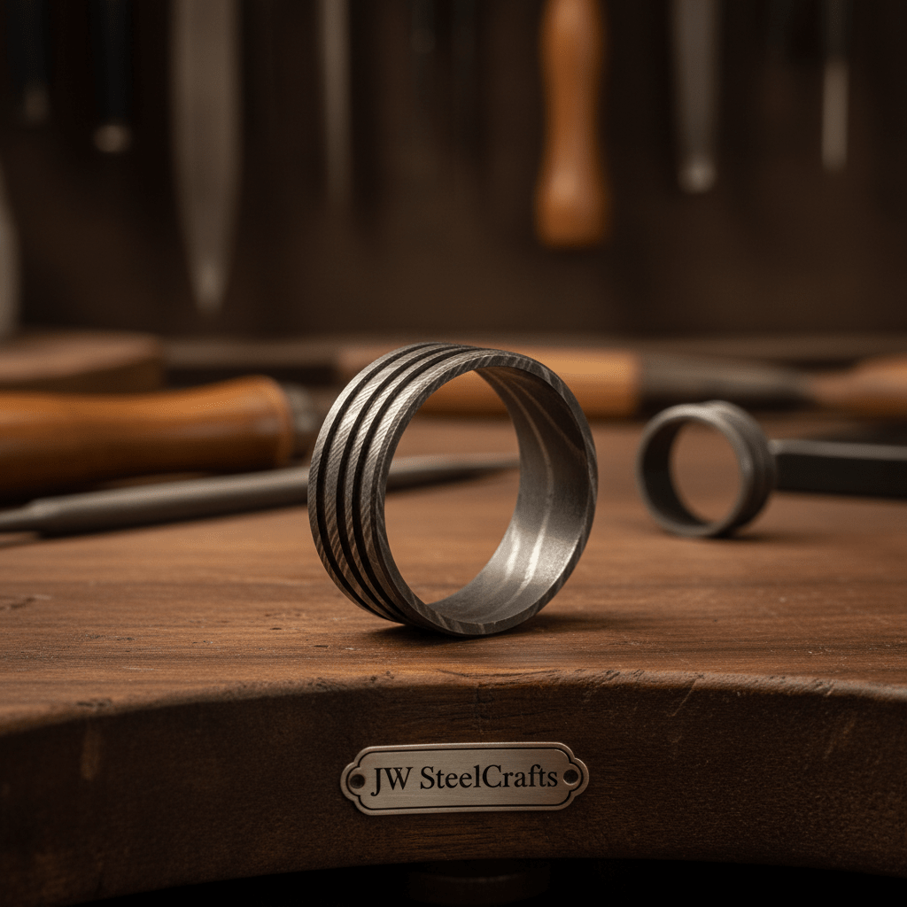 Mens Damascus Steel Wedding Band Wide Triple Groove Pattern Ring by JW SteelCrafts, handmade jewelry detail photo 5